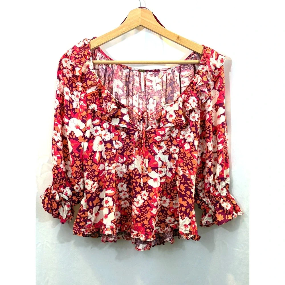 Free People Sweet Memories‎ Pink Multi Floral Print Ruffled Puff Sleeve Top XS